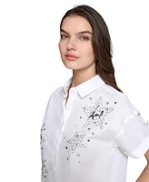 Karl Lagerfeld Paris Women's Embellished Poplin Button-Front Top