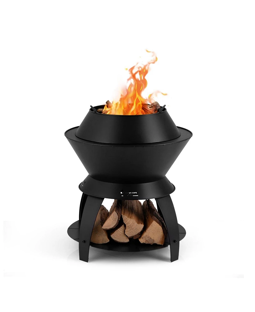 Vebreda 20 Inch Patio Fire Pit Metal Camping Fire Bowl with Pot Holder and Storage Shelf