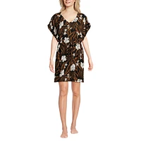 Lands' End Women's Crinkle Rayon Short Sleeve Gathered Waist Kaftan Swim Cover-up Dress