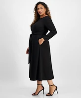 Anne Klein Plus Size Boat-Neck Long-Sleeve Midi Fit & Flare Dress