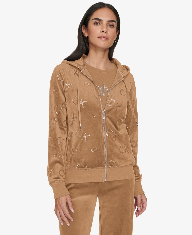 Calvin Klein Women's Sequin-Logo Velour Zip-Front Hoodie