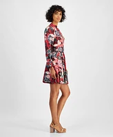 Tahari Petite Floral Button-Trim Belted Long-Sleeve Dress