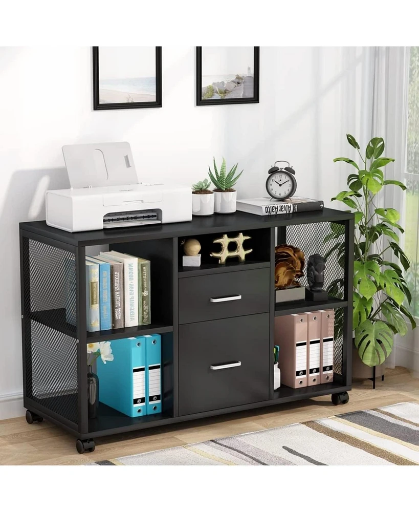Tribesigns 2 Drawer Wood File Cabinet, Mobile Lateral Filing Cabinet, Modern Storage Cabinets Printer Stand with Open Storage Shelves, Letter Size