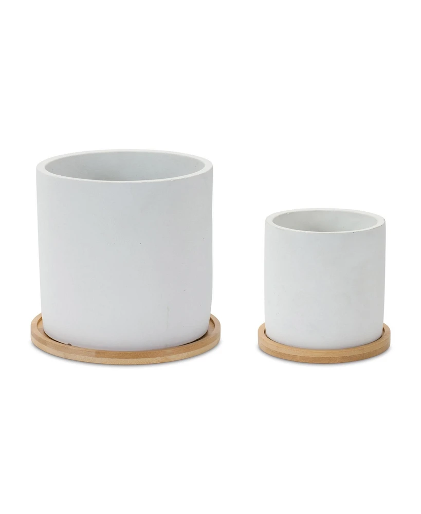 Slickblue Stone Planter With Wood Plate (Set of 2)