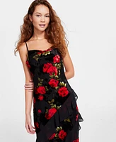 Bcx Tiered Ruffles Rose Print Velvet Burnout Maxi Dress