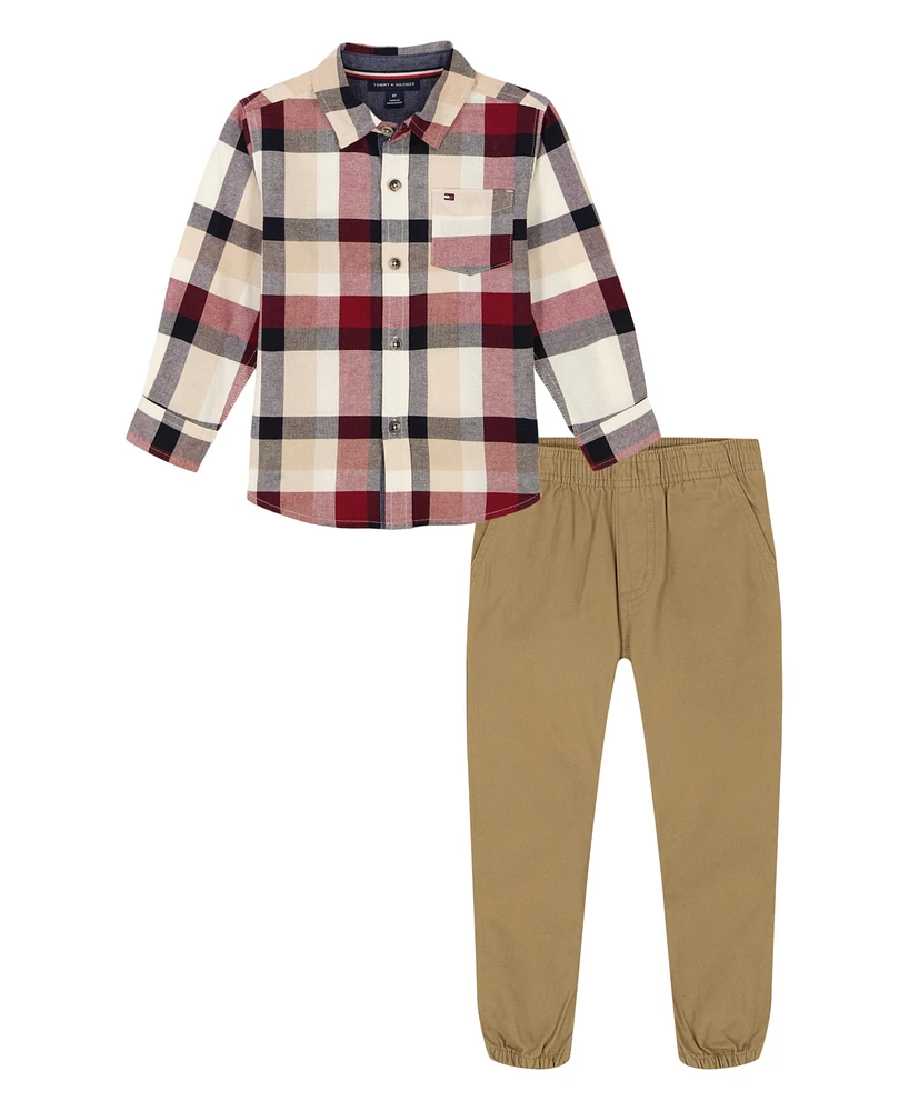 Tommy Hilfiger Toddler Boy Chambray Trim Plaid Button-Front Shirt Brushed Poplin Cargo Pants