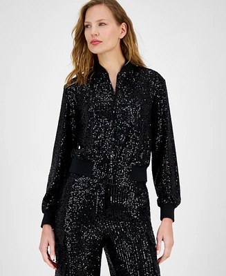 Anne Klein Women's Zip-Front Long-Sleeve Sequin Bomber Jacket