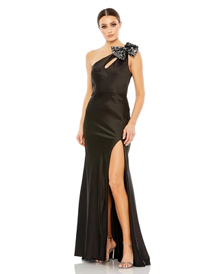 Mac Duggal Women's Sequined Bow Detail One Shoulder Trumpet Gown