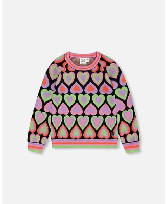 Deux par Big Girls Jacquard Hearts Sweater Multicolor