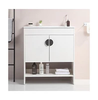 Simplie Fun 30" Modern Bathroom Vanity with Ceramic Sink, White Cabinet, Black Handles