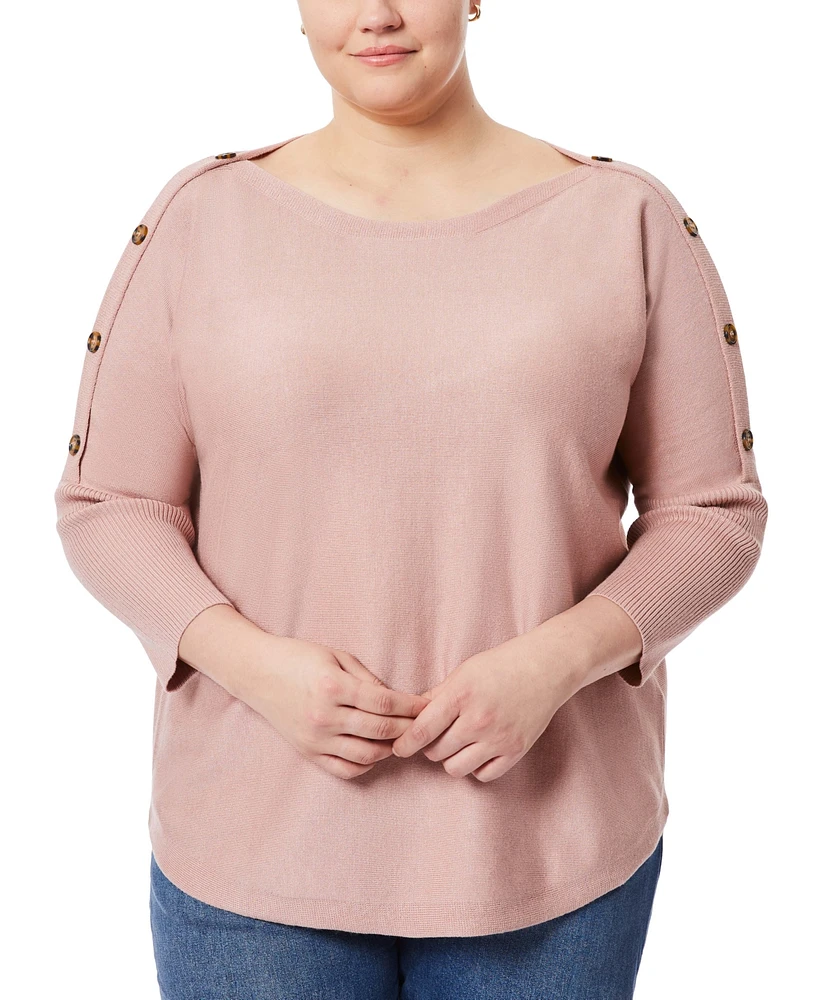 Melissa Paige Plus Button-Sleeve Boat-Neck Sweater