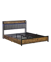 Queen Bed Frame with Storage, Charging Station, Led Lights, and Drawers