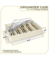 Sorbus Fabric Chest Flatware & Silverware Organizer Box with Zipper Clear Lid & Adjustable Divider (Beige)