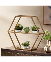 Simplie Fun Hexagonal Glass Shelf with Metallic Accents for Modern Glam Decor