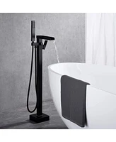 Streamdale Furniture Bathroom Freestanding Waterfall Tub Filler Matte Black Floor Mount Faucet With Hand Shower