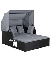 Costway Patio Rattan Daybed Lounge Retractable Top Canopy Side Tables Cushions