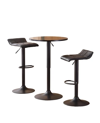 Simplie Fun Belham Black Round Top Adjustable Height Bar Table and 2 Bonded Leather Swivel Bar Stools