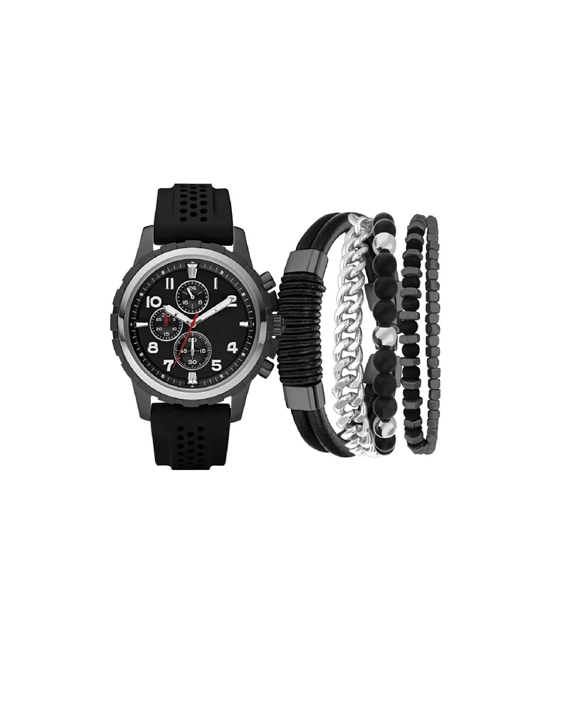 American Exchange Men's Black Silicone Strap Analog Watch 45mm with Stackable Bracelets Gift Set