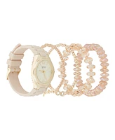 American Exchange Women's Beige Silicone Strap Analog Watch 35mm with Stackable Bracelets Gift Set