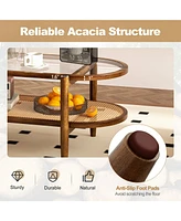 Costway 2-Tier Coffee Table Tempered Glass Top with Pe Rattan Shelf & Acacia Wood Frame