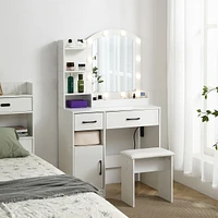 White Vanity Desk Set with Lighted Mirror & Upholstered Stool