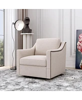 Streamdale Furniture Swivel Armchair in Cotton Linen with Brass Accents