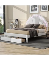 Simplie Fun Full Size Upholstered Platform Bed With Seashell Shaped Headboard, Led And 2 Drawers