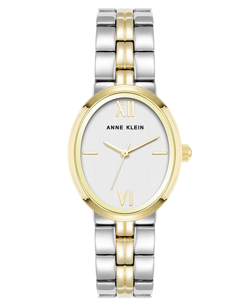 Anne Klein Women's Quartz Minimalist Oval Two-Tone Alloy Metal Bracelet Watch, 26mm - Silver-Tone/Gold