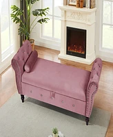 Velvet Storage Ottoman Bench with Crystal Buckle, Solid Wood Legs, Pillow