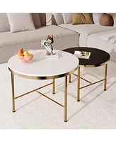 Modern Round Nesting Coffee Table Set, Black & White Sintered Stone Top, Gold Base
