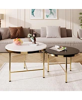 Simplie Fun Modern Round Nesting Coffee Table Set, Black & White Sintered Stone Top, Gold Base