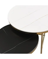 Streamdale Furniture Modern Round Nesting Coffee Table Set, Black & White Sintered Stone Top, Gold Base