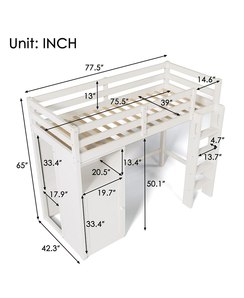 Simplie Fun Twin Loft Bed With Wardrobe, Storage Shelves And Ladder, White