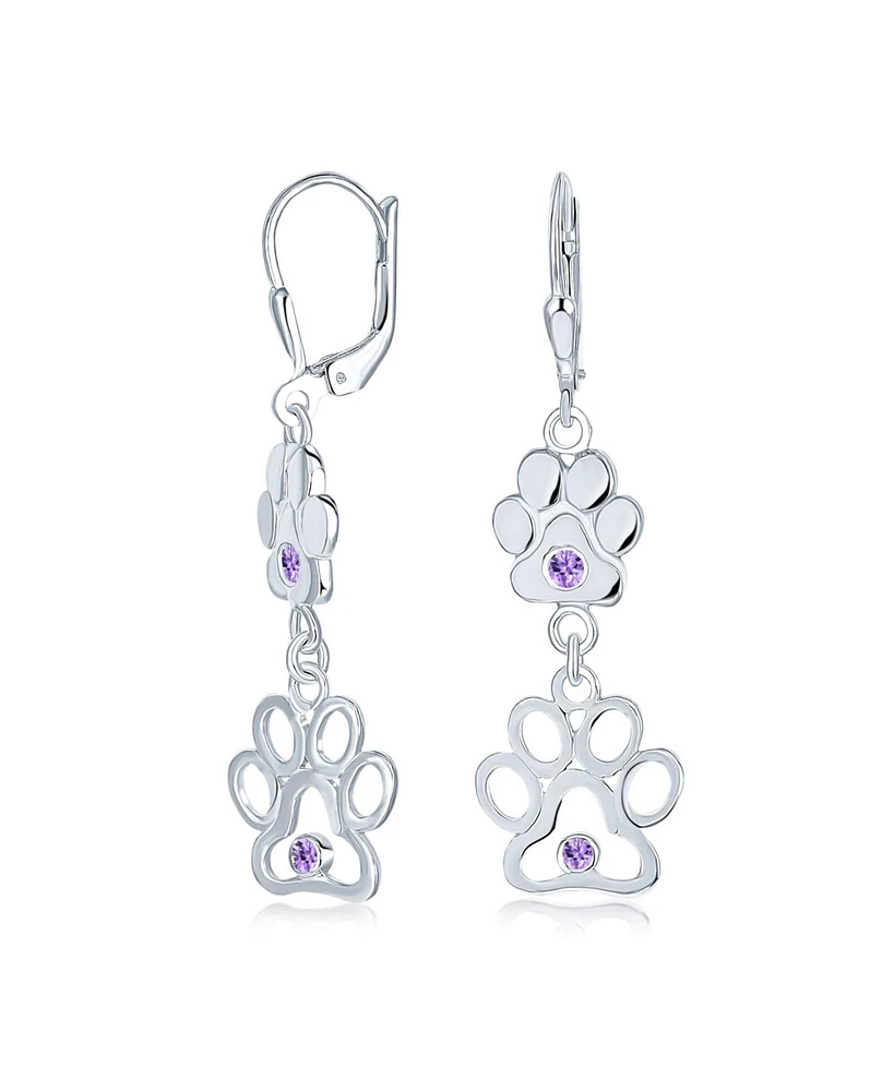 Bling Jewelry Bff Cut Out Open Animal Lover Pet Dog Cat Paw Print Dangle Earrings For Women Puppy Purple Cz Cubic Zirconia Sterling Silver Lever back