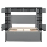 Queen Wooden Bed With All-In-One Cabinet, Shelf And Sockets