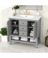 Streamdale Furniture 36" Bathroom Vanity With Ceramic Basin, Two Cabinets And Drawers, Open Shelf, Solid Wood Frame