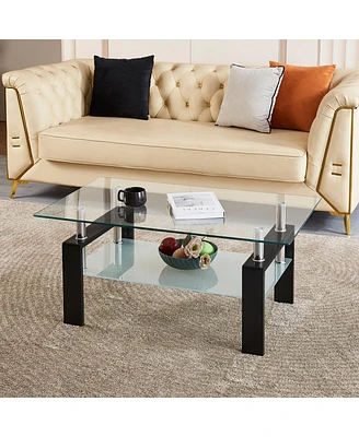 Simplie Fun Tempered Clear Glass Coffee Table, 2-Layers Coffee Table Living Room Center Table