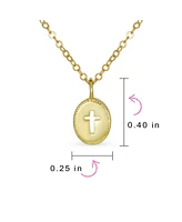 Bling Jewelry Tiny Petite Religious Mini Medallion Oval Cross Necklace For Pendant Women Gold Plated Sterling Silver Milgrain Edge With Chain