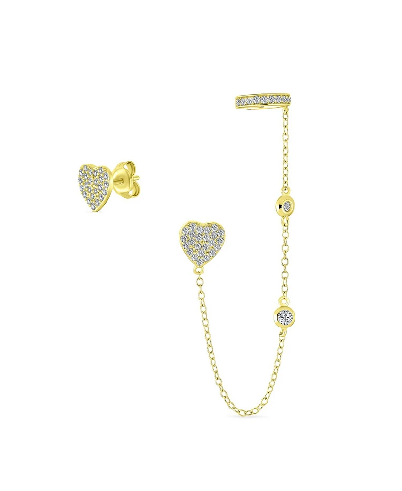 Bling Jewelry Heart Shaped Chain Cartilage Ear Cuff Wrap Earring Pave Cz Stud Helix Earring Stud Set Gold Plated Sterling Silver