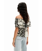 Desigual Women's Patchwork floral ruffle blouse