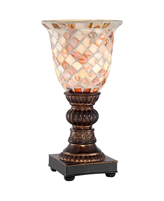 Regency Hill Mosaic Traditional Vintage Uplight Accent Table Lamp 12" High Dark Bronze Brown Earth Tone Ivory Glass Shade for Living Room Bedroom Hous