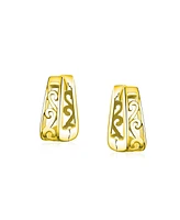 Bling Jewelry Square Pyramid Shaped Scroll Swirl Filigree Kpop Huggie Earrings Hoop For Women 14K Gold Plated .925 Sterling Silver