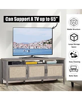 Gymax Tv Stand Entertainment Media Center for Tv's up to 65'' w/ Rattan Doors Grey Oak