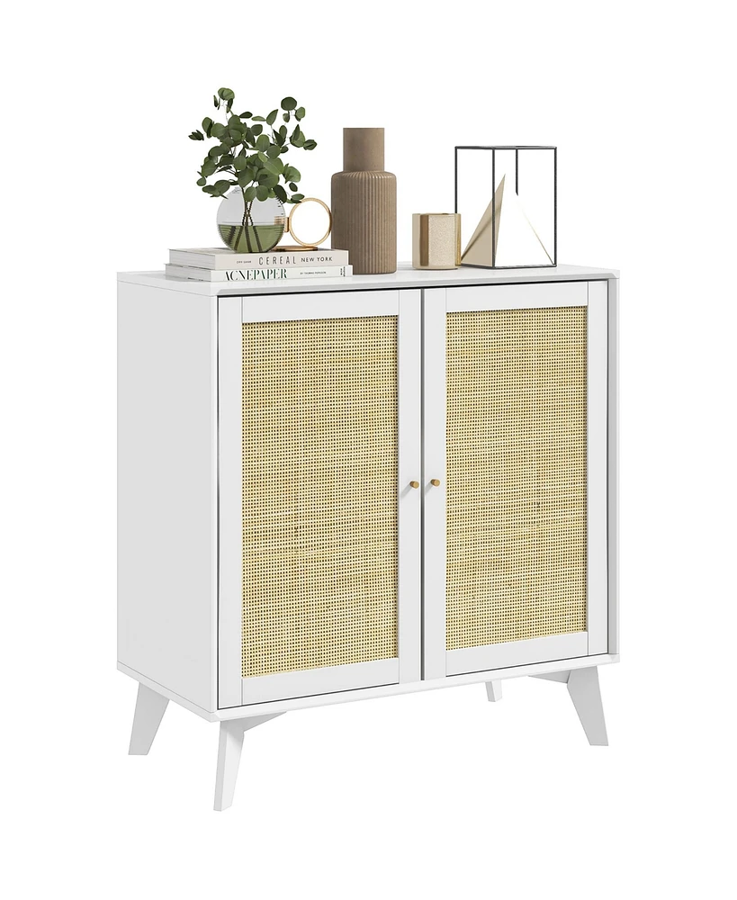 Homcom Boho Storage Cabinet, Kitchen Cabinet with 2 Rattan Doors, White