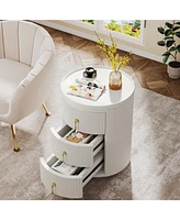 Tribesigns Nightstand with 3 Drawers, No Assembly Bedside Table Night Stand for Bedroom, Modern Round End Side Table with Storage and Gold Handles, Wh