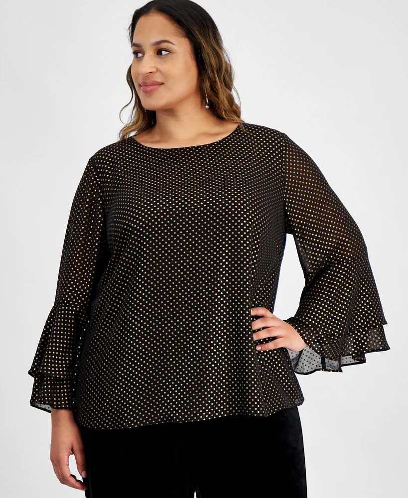 Kasper Plus Metallic Dot Bell-Sleeve Scoop-Neck Top