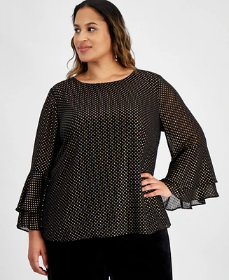 Kasper Plus Size Metallic Dot Bell-Sleeve Scoop-Neck Top