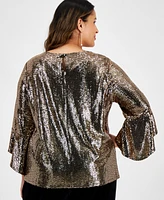 Kasper Plus Size Mirror-Dot Metallic Bell-Sleeve Top