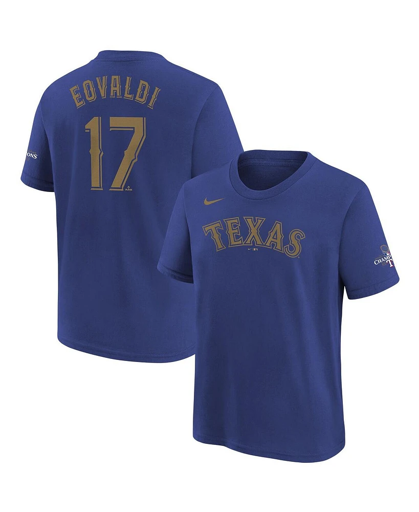 Nike Big Boys and Girls Nathan Eovaldi Blue Texas Rangers 2024 Gold Collection Name Number T-Shirt