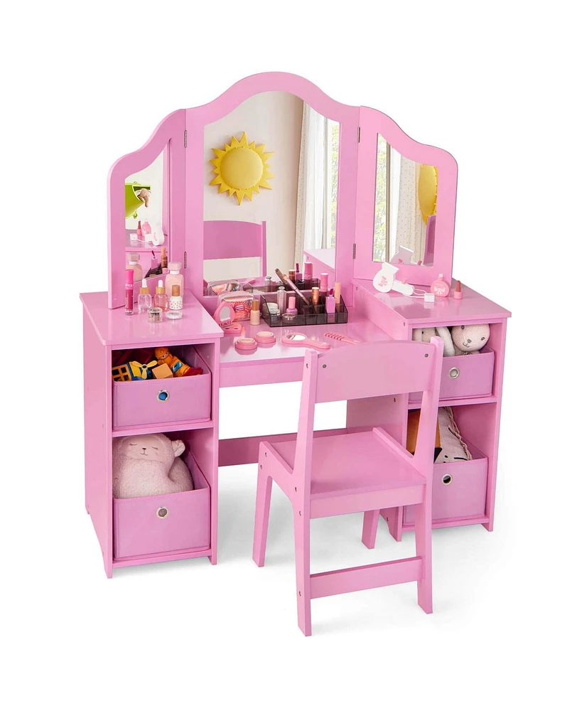 Costway Kids Vanity Table & Chair Set 2-in-1 Princess Pretend Play Makeup